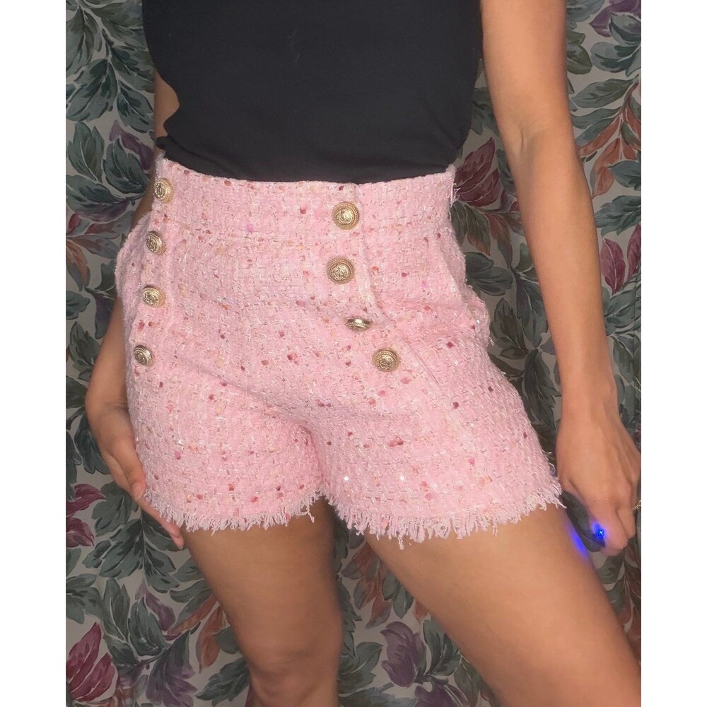 Baby Pink Generation Love Tweed Fringed Shorts